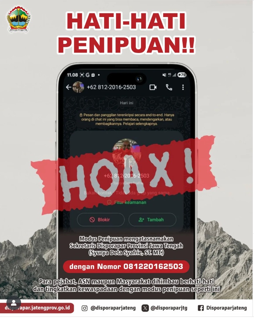 [HOAKS] Nomor Whatsapp Mengatasnamakan Sekretaris Disporapar Jateng, Syurya Deta Syafrie, ST. MT.