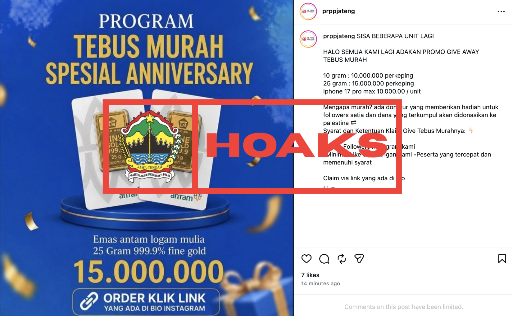 [HOAKS] Tebus Murah Emas dan Iphone Mengatasnamakan PRPP Jateng