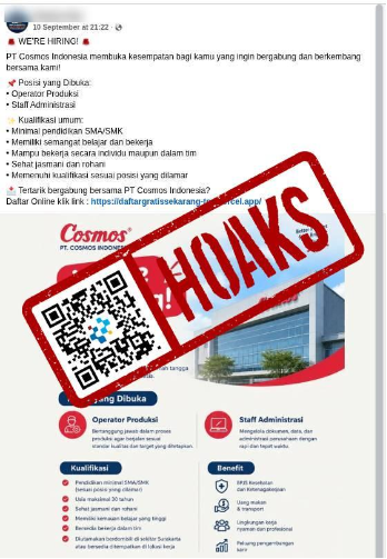 [HOAKS] Lowongan Kerja Cosmos Indonesia