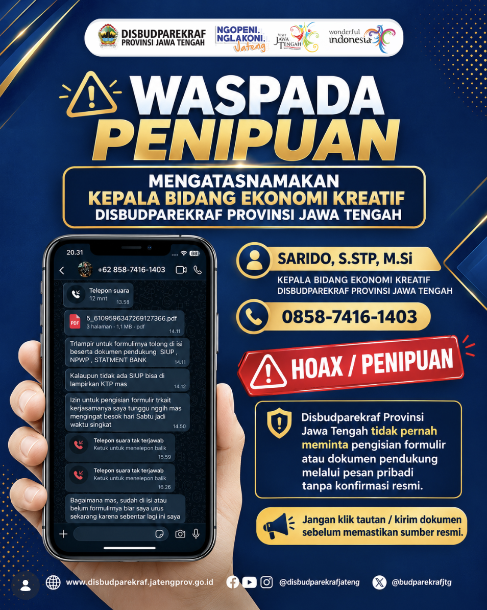 [HOAKS] Nomor Whatsapp Mengatasnamakan Kepala Bidang Ekonomi Kreatif Disbudparekraf Provinsi Jawa Tengah