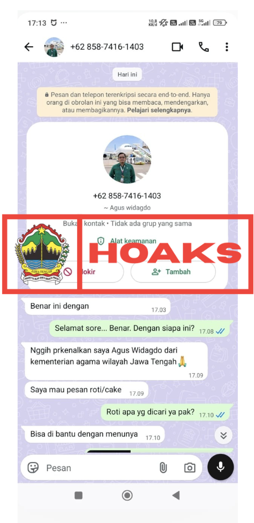 [HOAKS] Nomor Whatsapp Mengatasnamakan Pegawai Kementerian Agama Jawa Tengah