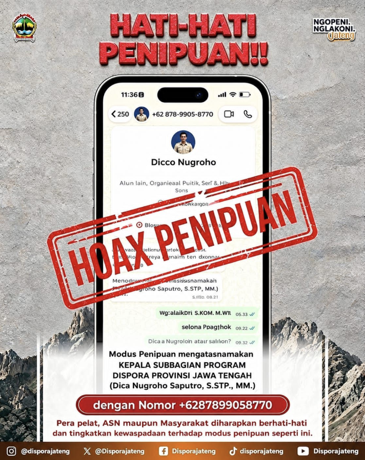 [HOAKS] Nomor Whatsapp Mengatasnamakan Kepala Subbagian Program Dispora Jawa Tengah