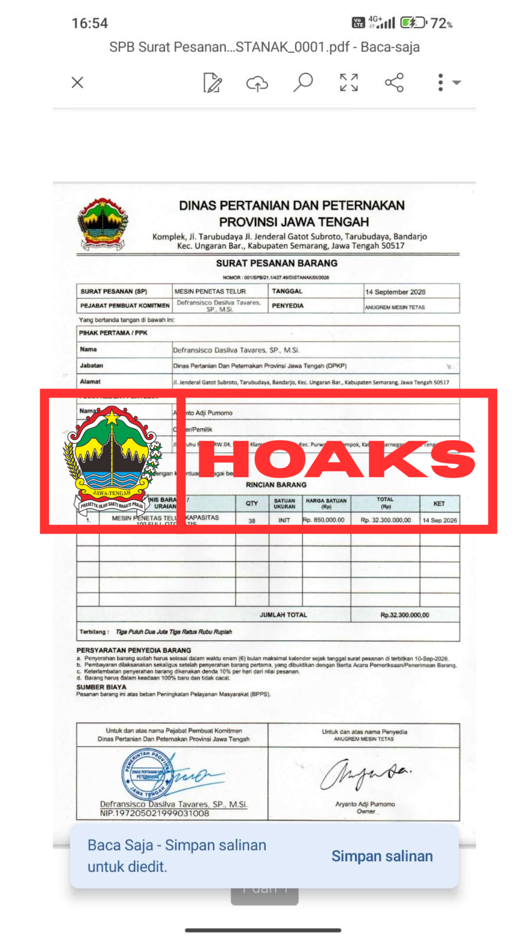 [HOAKS] Pengadaan Barang dan Jasa Mengatasnamakan Dinas Pertanian dan Peternakan Provinsi Jawa Tengah