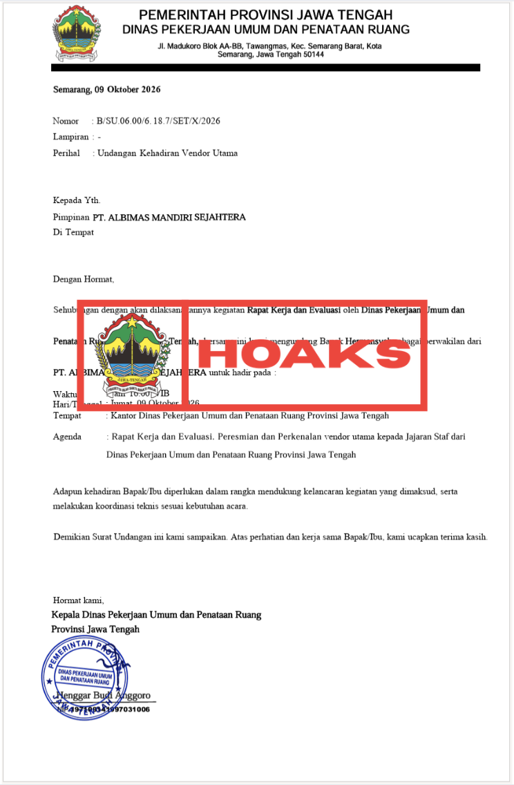 [HOAKS] Undangan Rapat dan Perkenalan Vendor Mengatasnamakan DPUPR Jateng
